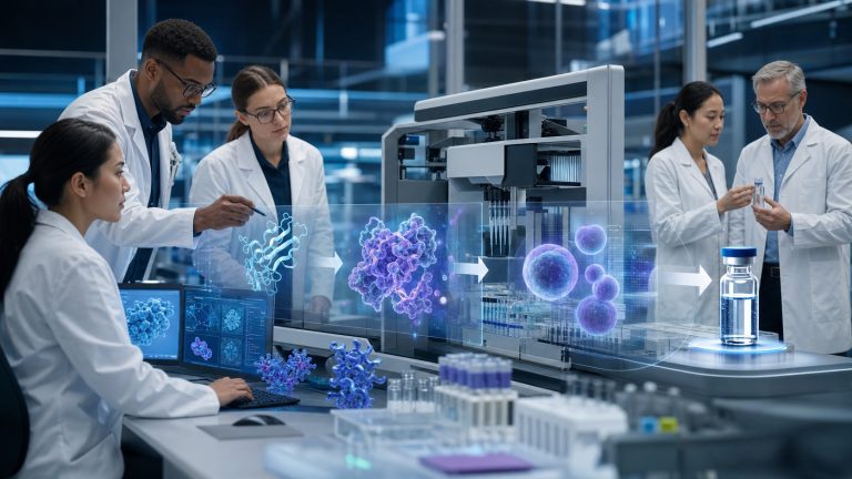 Scientists using computational protein design and automated laboratory systems to develop a therapeutic candidate