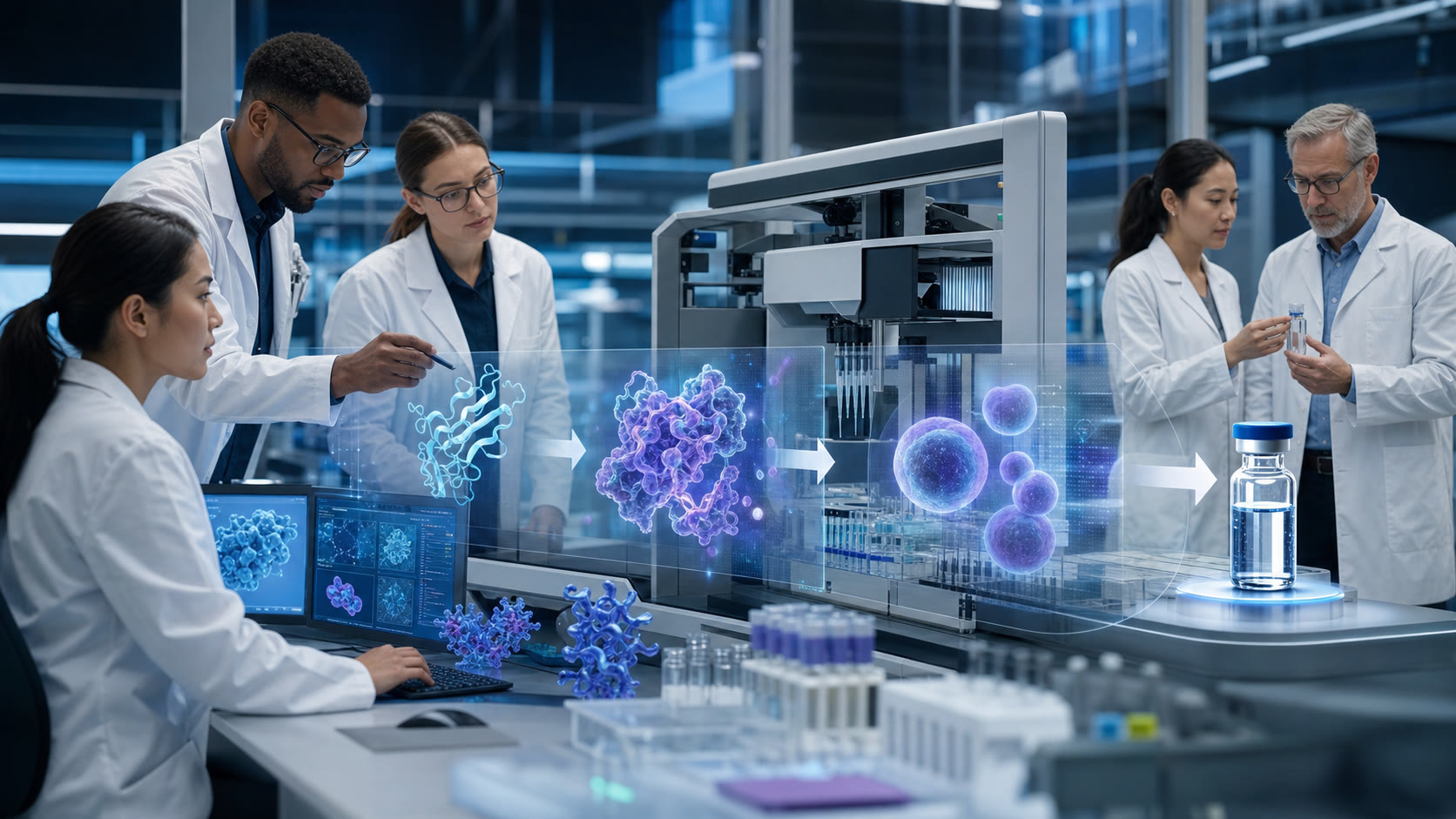 Scientists using computational protein design and automated laboratory systems to develop a therapeutic candidate