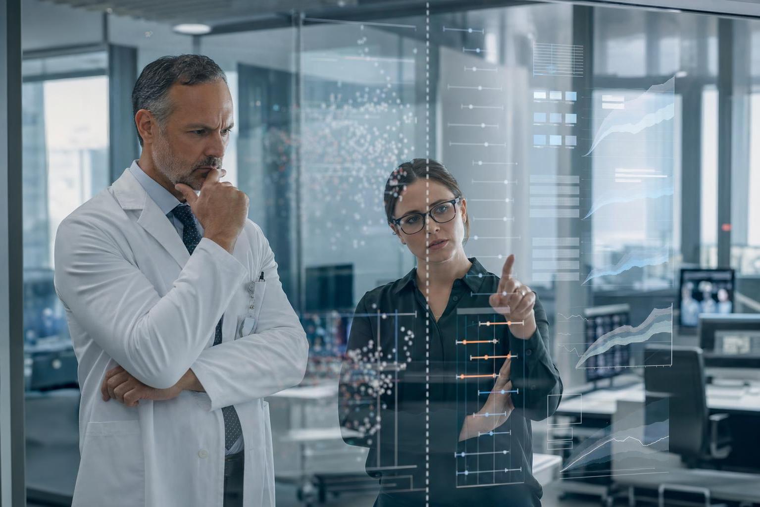 Healthcare experts evaluating AI evidence and data signals in a clinical analytics lab