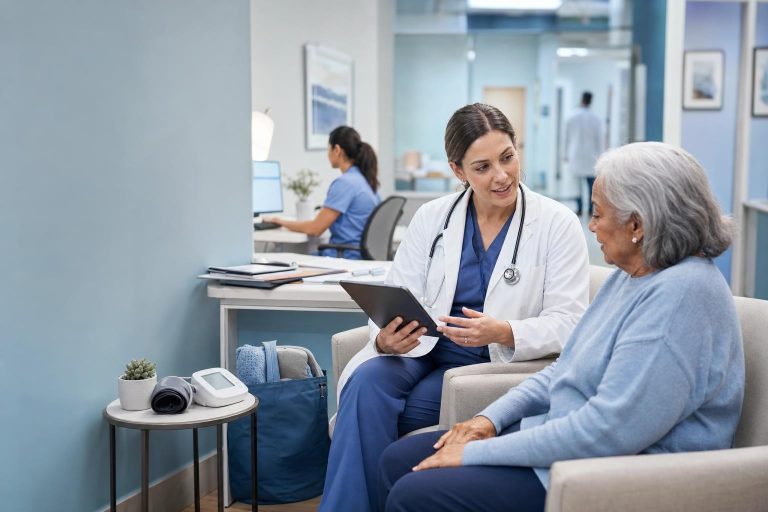 Clinician coordinating care with an older patient in a modern community health setting