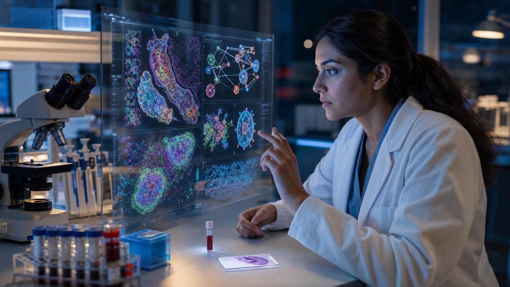 Cancer immunotherapy researcher analyzing immune-system gene activity with AI