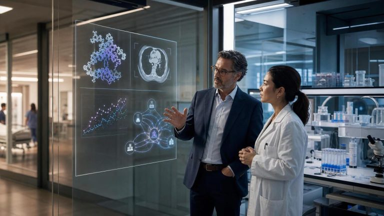 Healthcare investor and biomedical scientist reviewing AI, molecular research, clinical imaging, and investment data