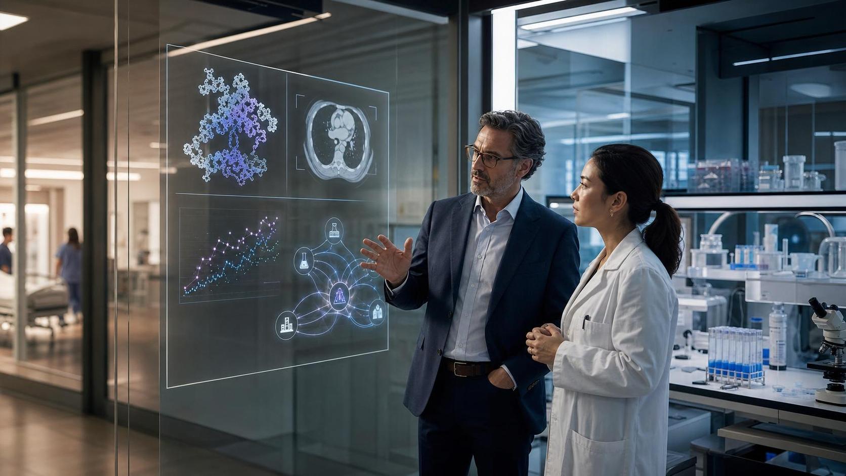 Healthcare investor and biomedical scientist reviewing AI, molecular research, clinical imaging, and investment data