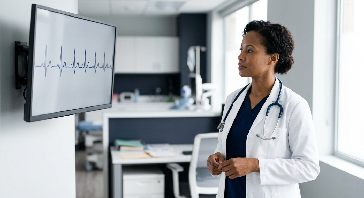 A cardiologist reviewing cardiovascular data on a clinic monitor showing a clean ECG waveform, in navy and blue clinical tones