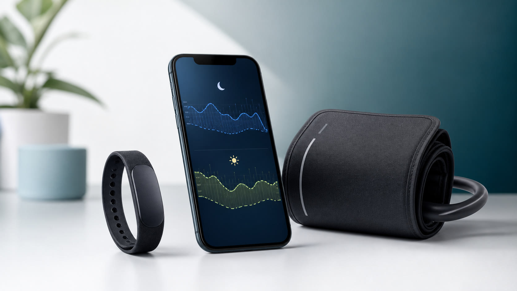 Screenless optical wristband, upper-arm blood pressure cuff, and mobile trend app