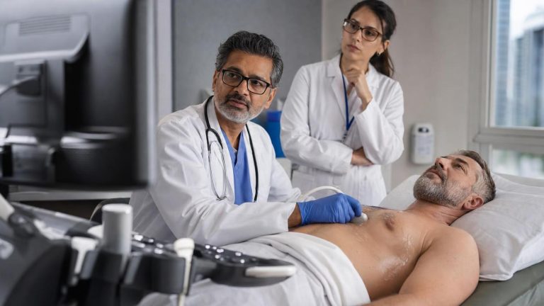 Cardiology clinician performing an echocardiogram in a modern clinical setting