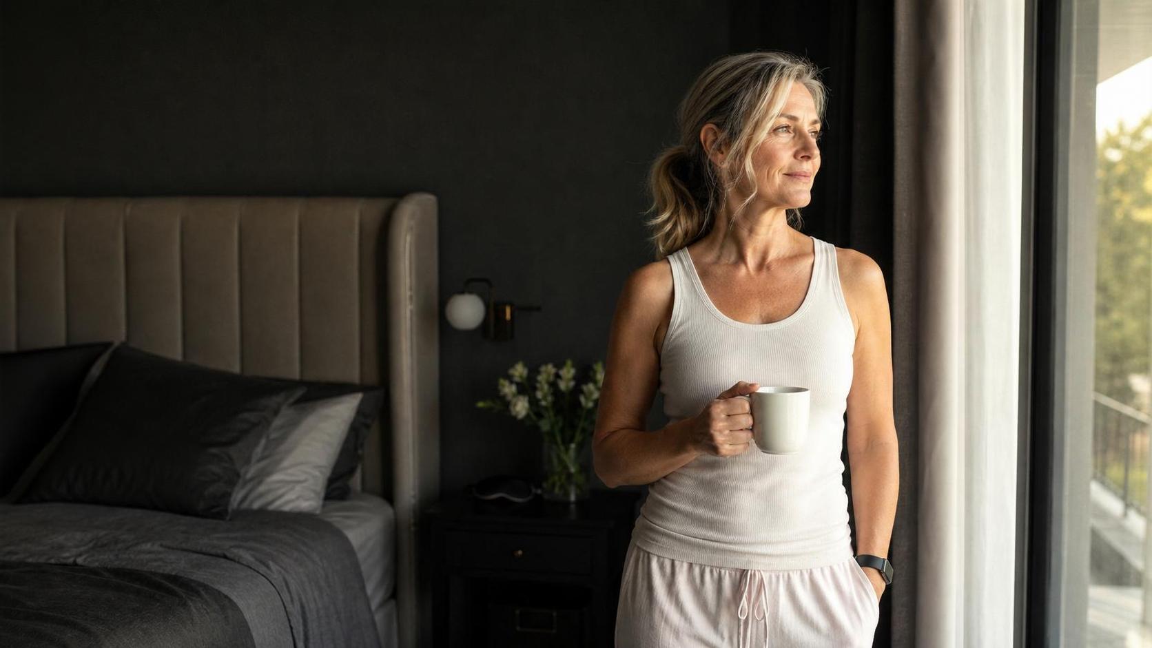 Healthy middle-aged woman in a dark bedroom looking toward bright morning daylight, illustrating circadian rhythm and longevity