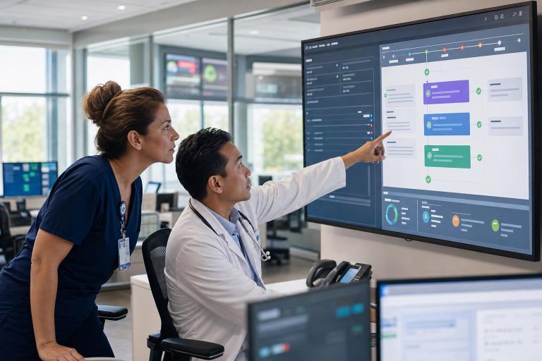 Clinician and nurse reviewing an AI-assisted healthcare workflow in a hospital operations center