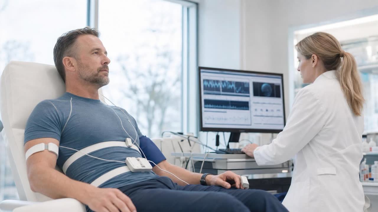 Patient undergoing a cellular energy assessment with a clinician reviewing metabolic data