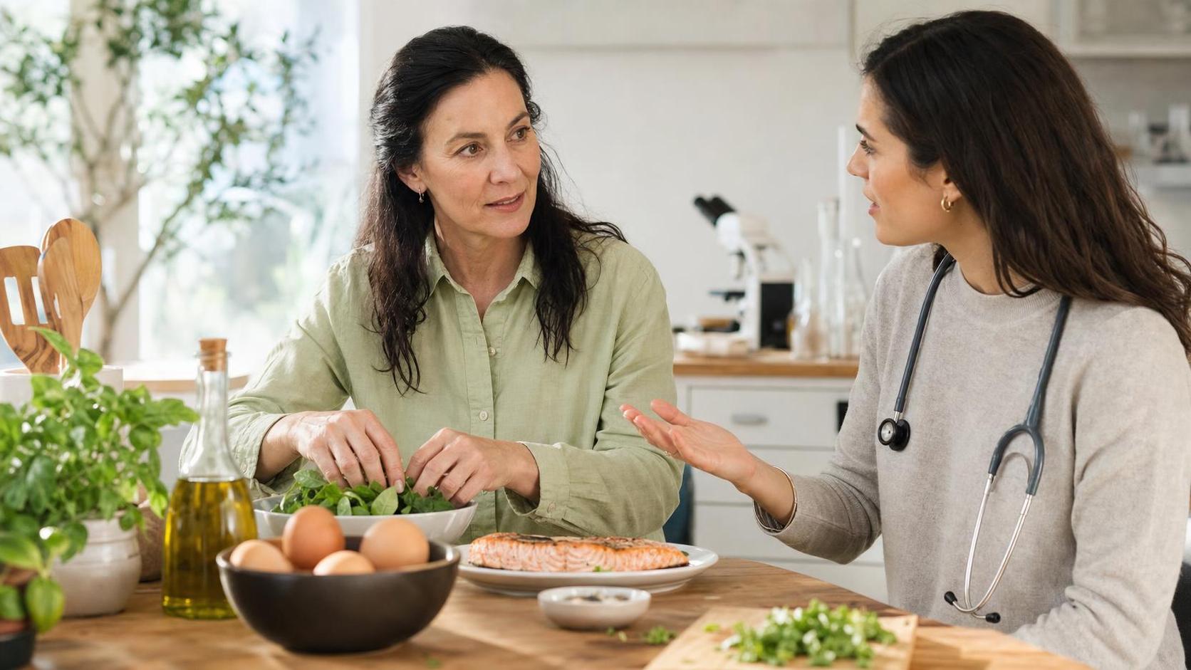 Clinician discussing phosphatidylcholine-rich foods and mitochondrial health with a patient