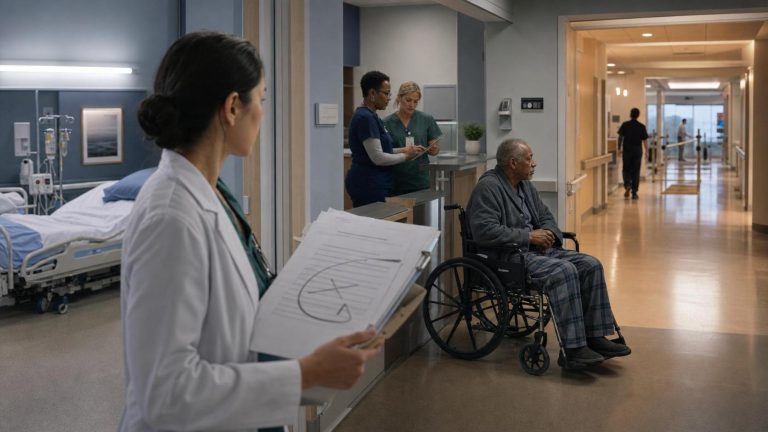 Older patient and clinician at a hospital transition to post-acute rehabilitation care