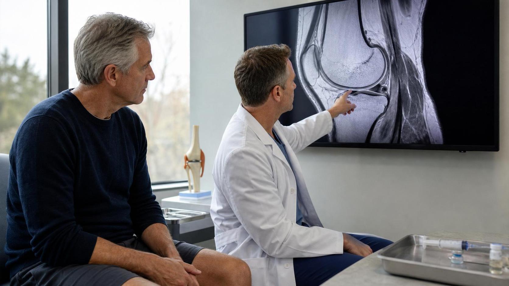 Orthopedic specialist reviewing a knee MRI with an older patient during a cartilage regeneration consultation