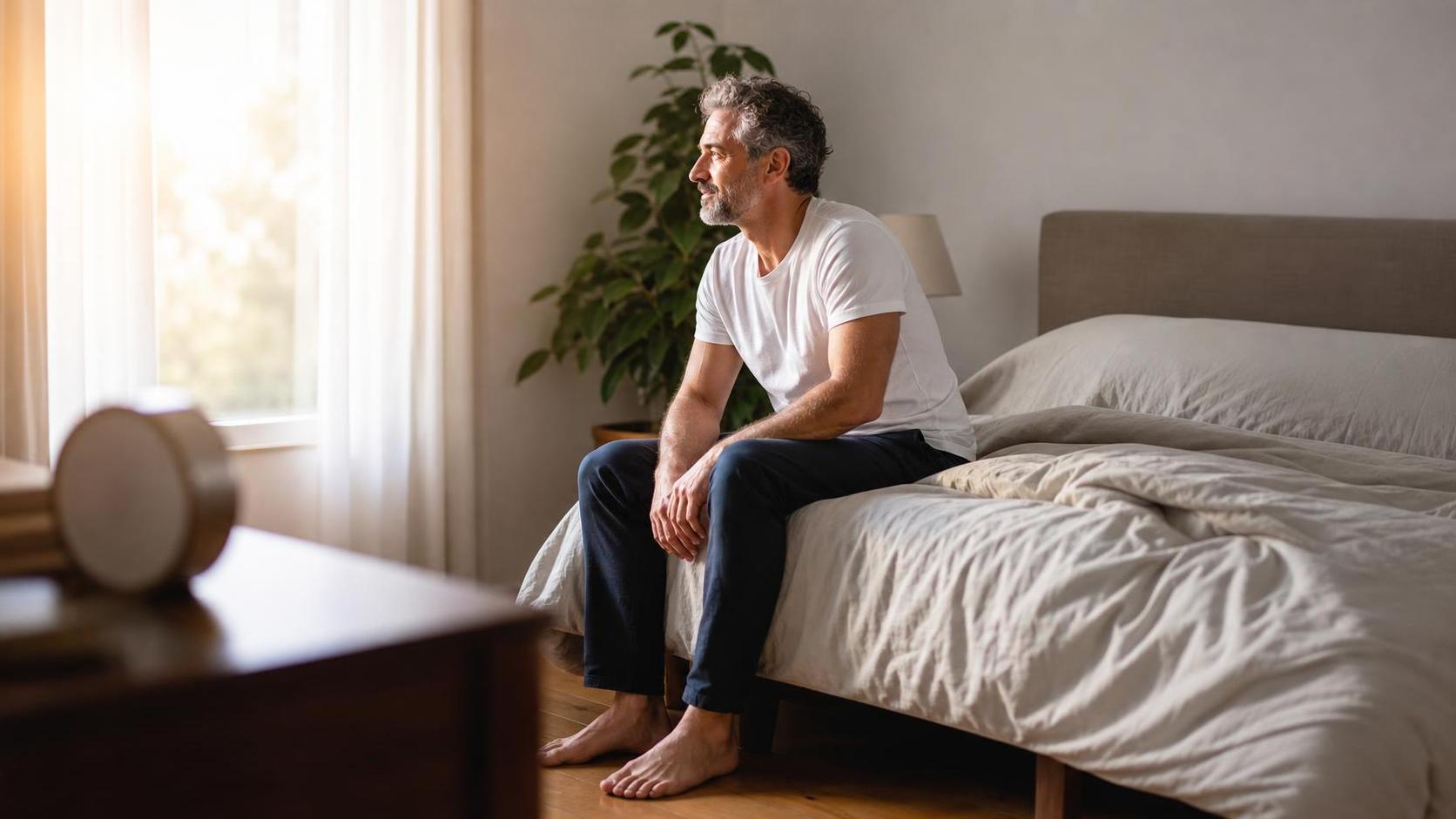 A woman waking naturally in a calm morning bedroom, illustrating consistent sleep timing and healthy sleep regularity.