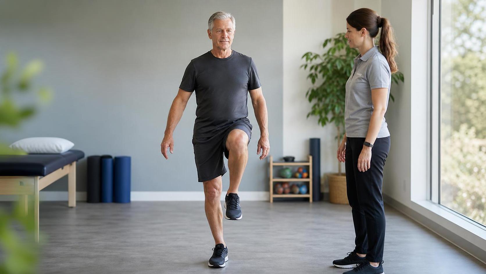 Older adult performing a ten-second balance test while a clinician observes