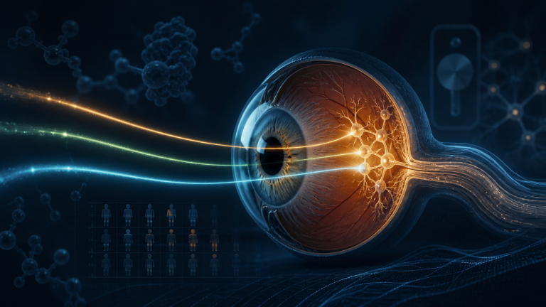 Scientific illustration of an eye and optic nerve representing the ER-100 partial epigenetic reprogramming trial