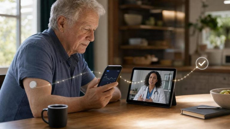 Older adult reviewing glucose data with a clinician during a telehealth visit