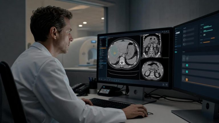 Radiologist reviewing liver CT images with an AI-assisted second-reader workflow