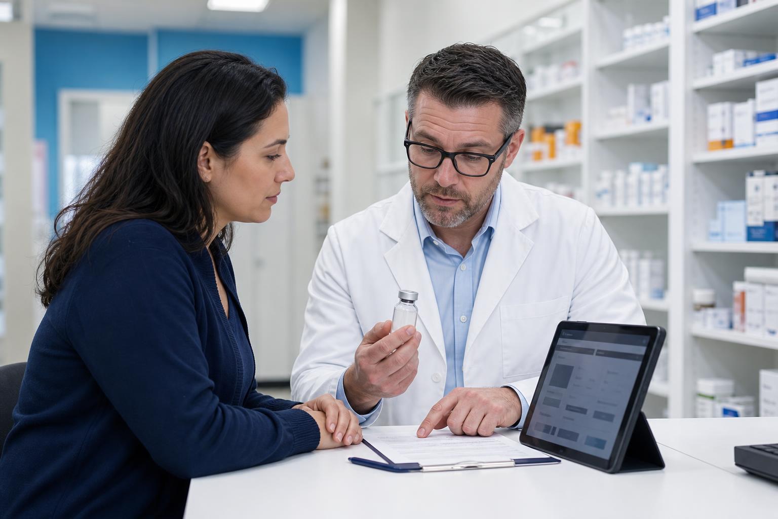Patient and pharmacist reviewing an unlabeled compounded medication vial and prescription details