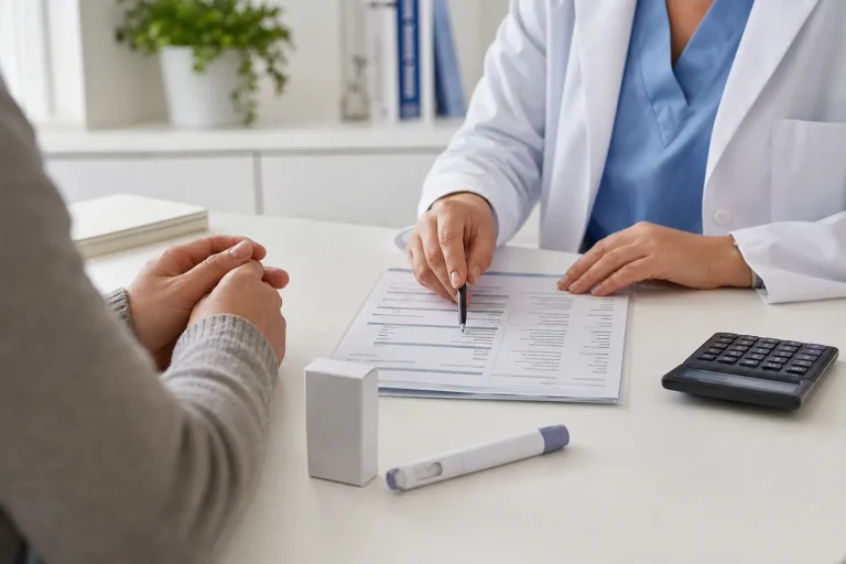 A patient reviewing a transparent GLP-1 cash-pay cost checklist with a clinician in a bright medical office