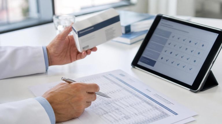 Clinician comparing a medication package with a clinical evidence table and claim-decoder matrix