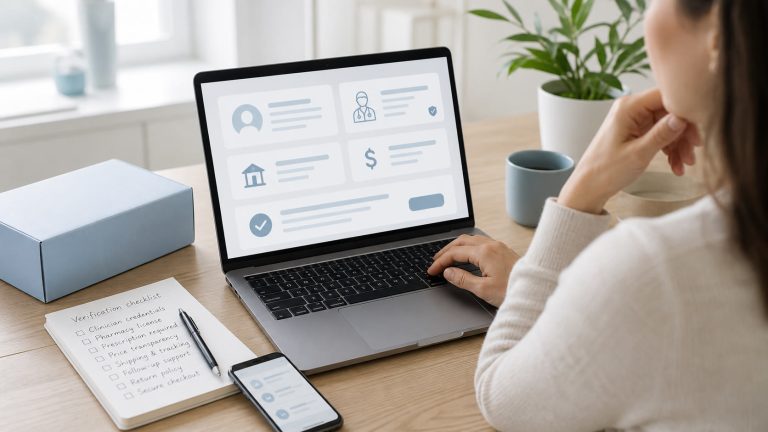 Consumer reviewing clinician, pharmacy, price, and follow-up details before buying GLP-1 medication online