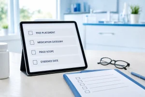 Tablet showing paid placement, medication category, price scope, and evidence date disclosure checks in a bright medical office