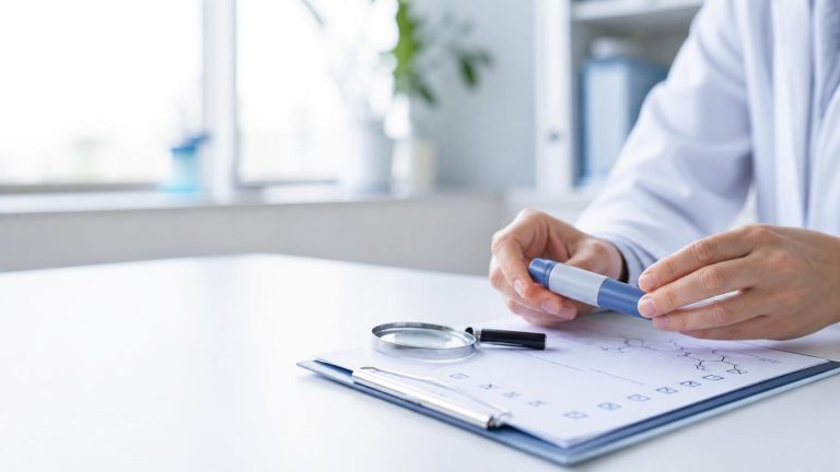 Clinician reviewing an unlabeled injection pen with an evidence checklist and magnifying glass