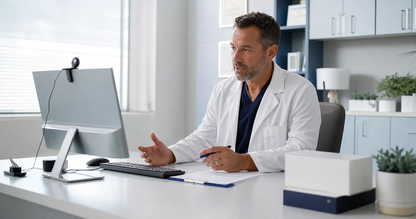 A physician conducting a telehealth follow-up in a bright medical office, representing clinical accountability after a GLP-1 prescription