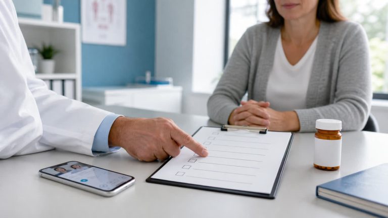 Clinician reviewing a provider trust checklist with a patient in a bright medical office