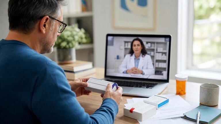 A consumer checks medication packaging during a telehealth consultation about an online GLP-1 offer
