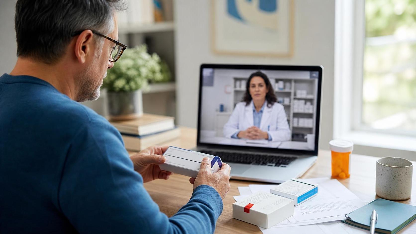 A consumer checks medication packaging during a telehealth consultation about an online GLP-1 offer