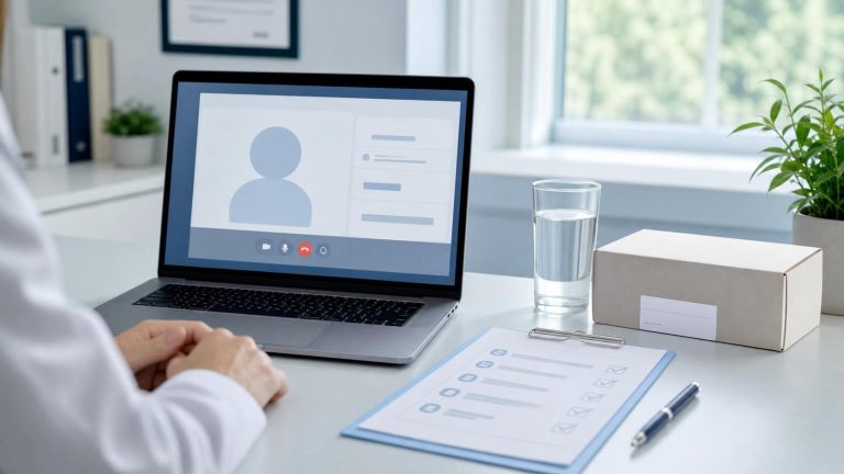 A clinician reviewing a telehealth consultation screen and transparency checklist beside an unbranded medication shipment box