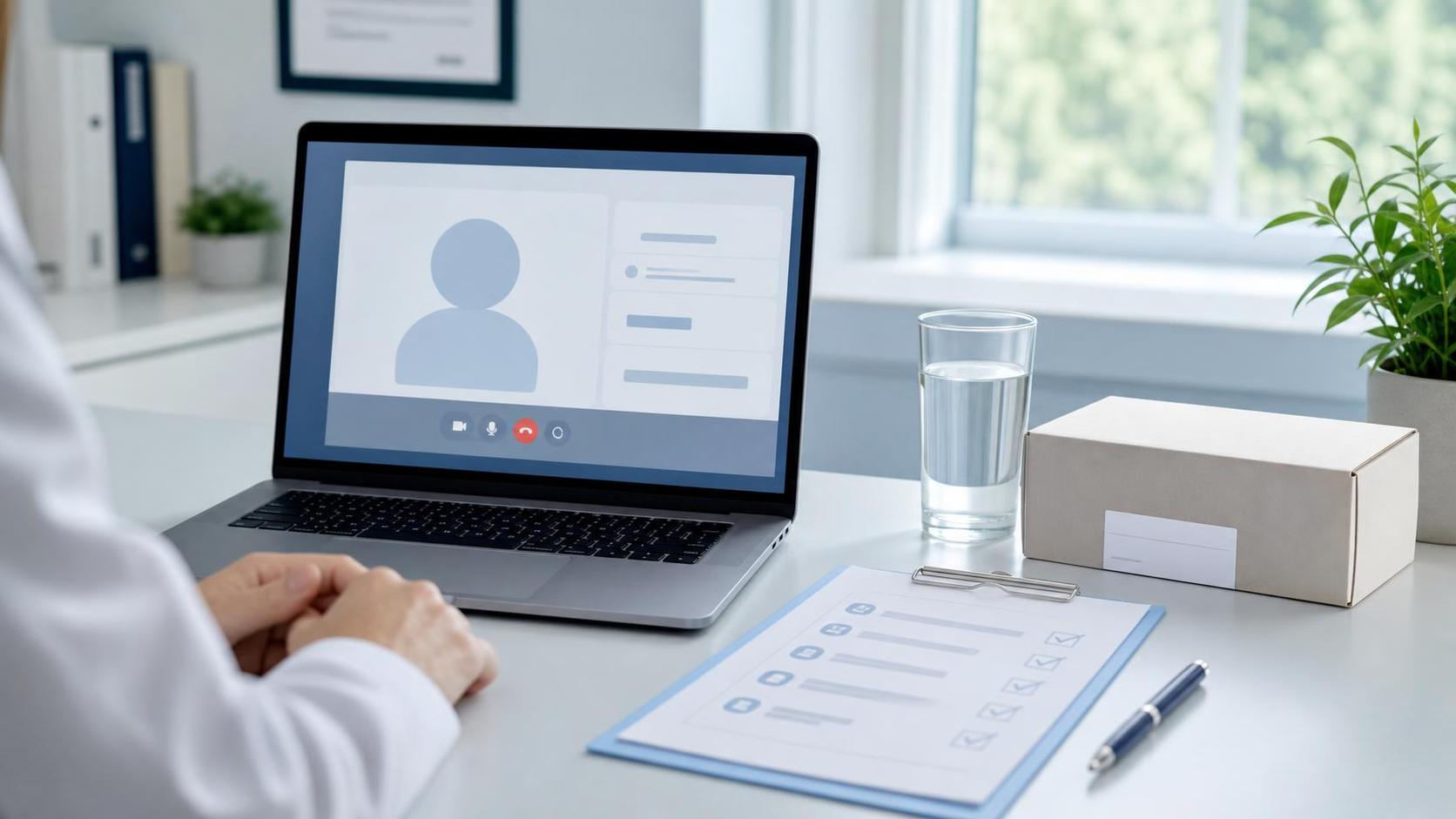 A clinician reviewing a telehealth consultation screen and transparency checklist beside an unbranded medication shipment box