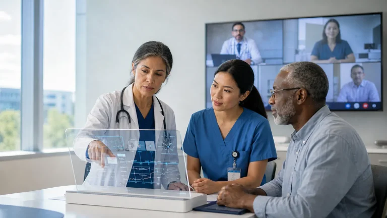 A physician and nurse coordinate complex care with a patient while remote specialists join by video