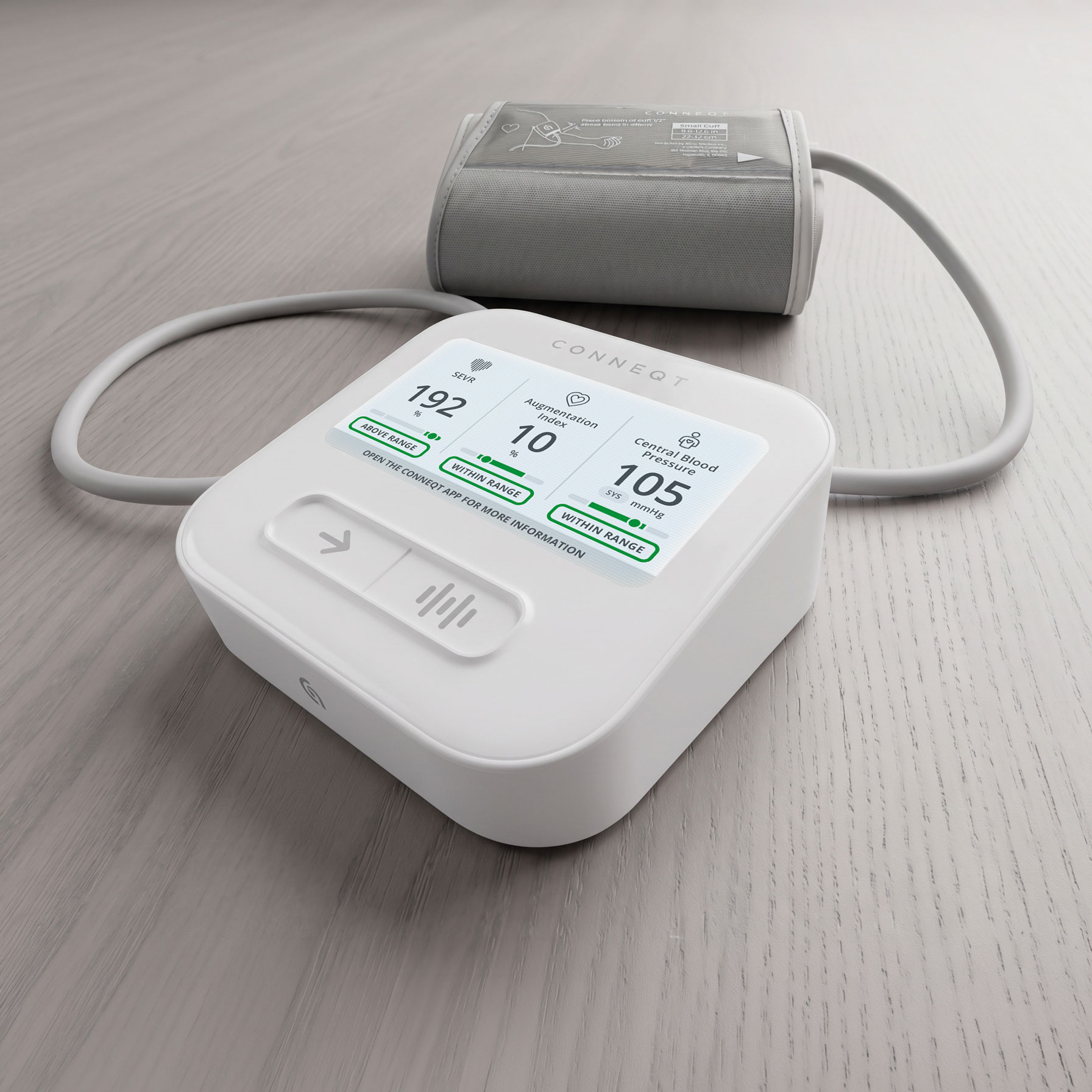 CONNEQT Pulse upper-arm blood pressure monitor and cuff displaying central blood pressure and arterial health metrics