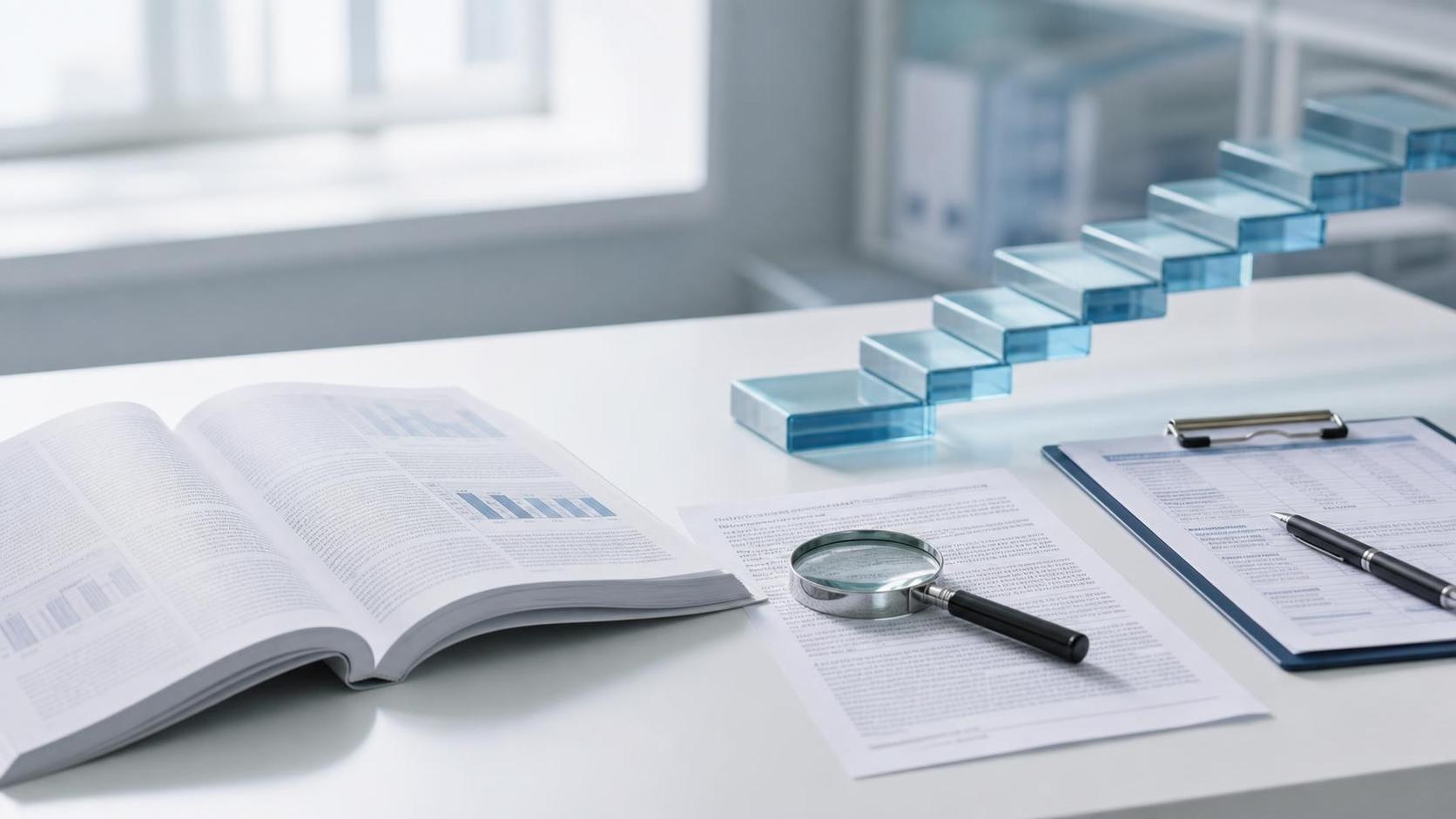 GLP-1 evidence ladder with medical journal, magnifying glass, and seven blue steps