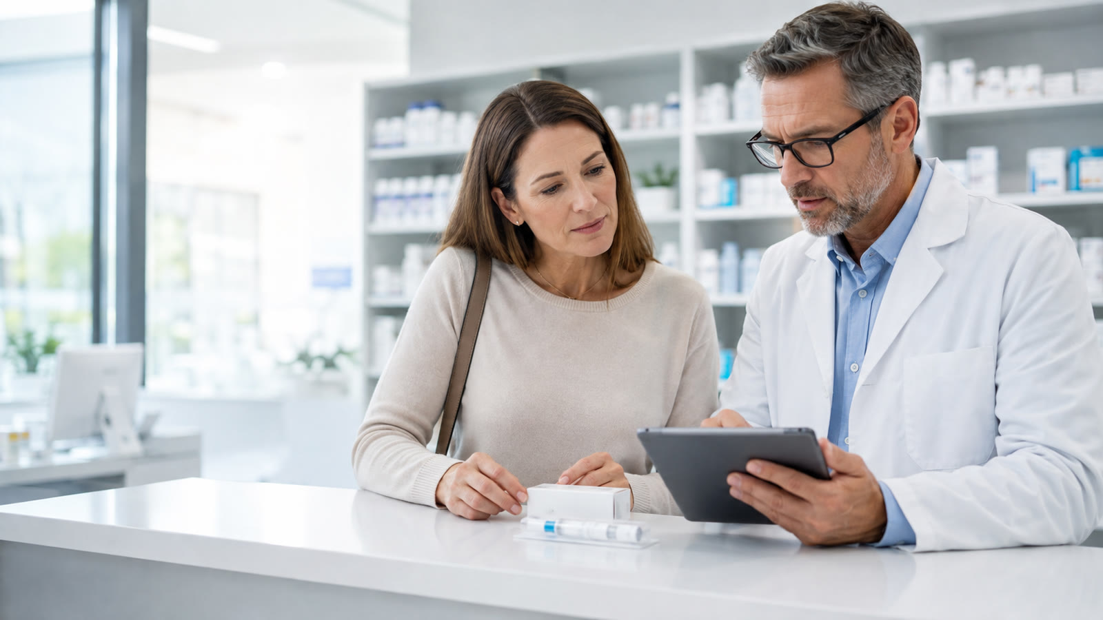 Pharmacist and patient verifying a GLP-1 medication source and prescription information