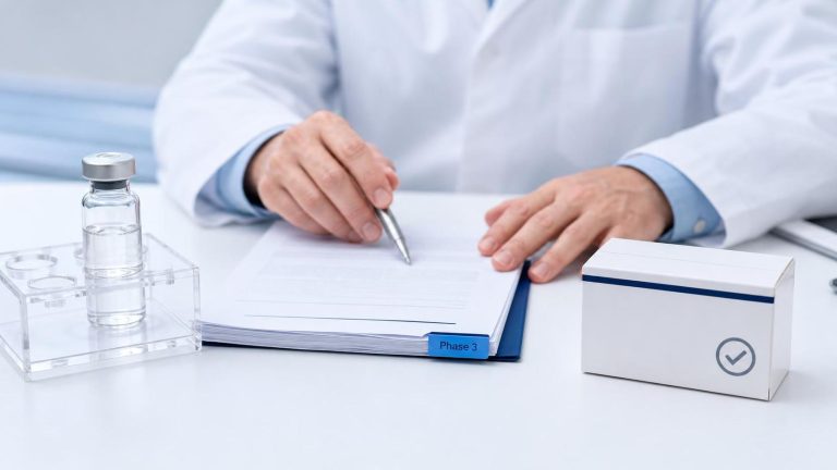 Clinician reviewing a Phase 3 research file beside a laboratory vial and a sealed medicine carton