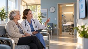 Older Medicare patient and clinician reviewing an authorization status in a clinic