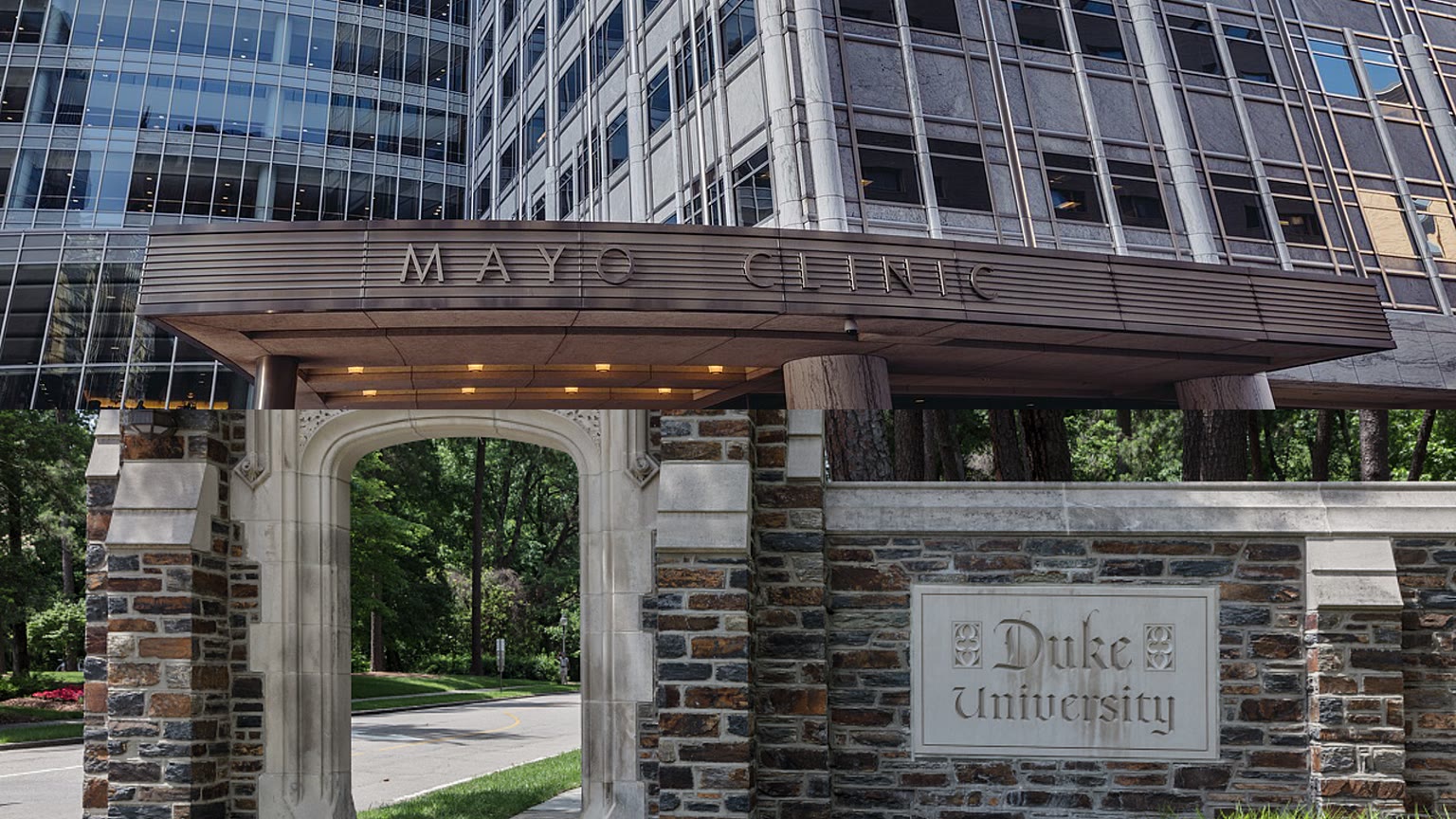 Actual Mayo Clinic building signage above the stone entrance sign for Duke University