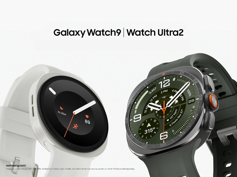 Samsung Galaxy Watch 9 with a round white case beside the cushion-shaped Galaxy Watch Ultra 2
