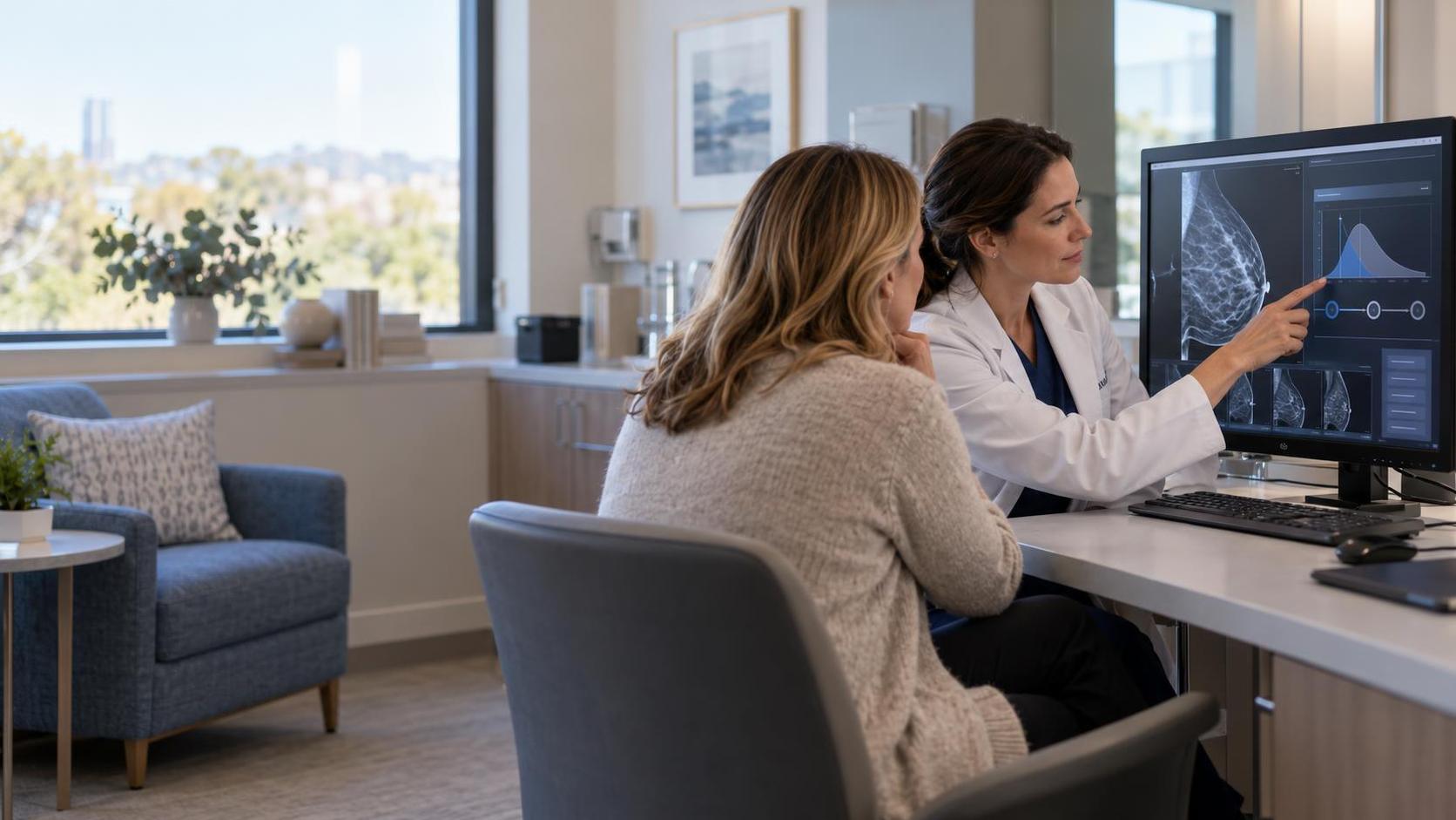 A clinician and patient review a mammogram and breast cancer risk curve together