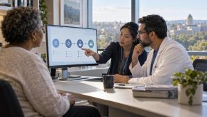 A research coordinator and physician reviewing a clinical trial eligibility pathway with a patient