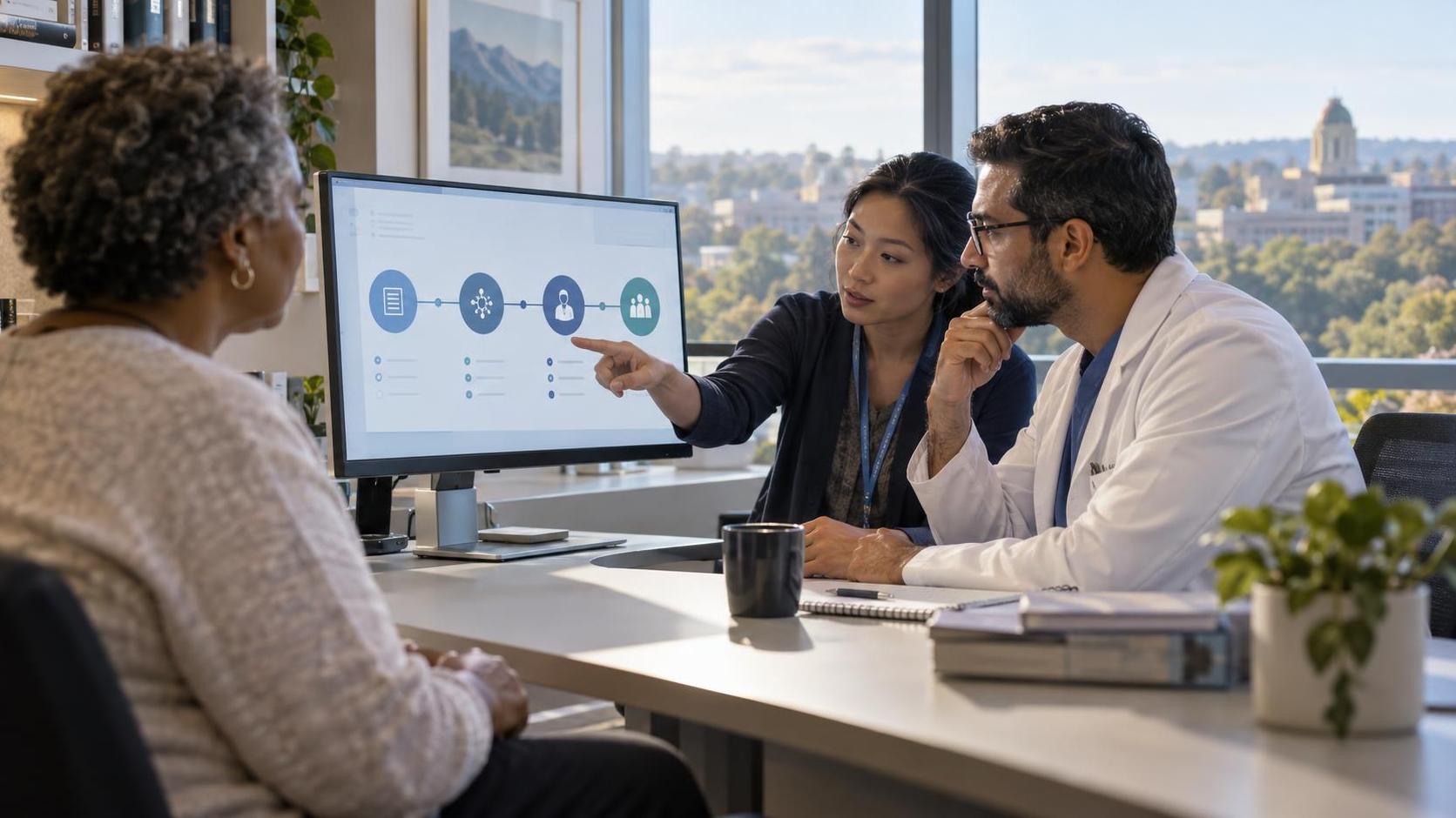 A research coordinator and physician reviewing a clinical trial eligibility pathway with a patient