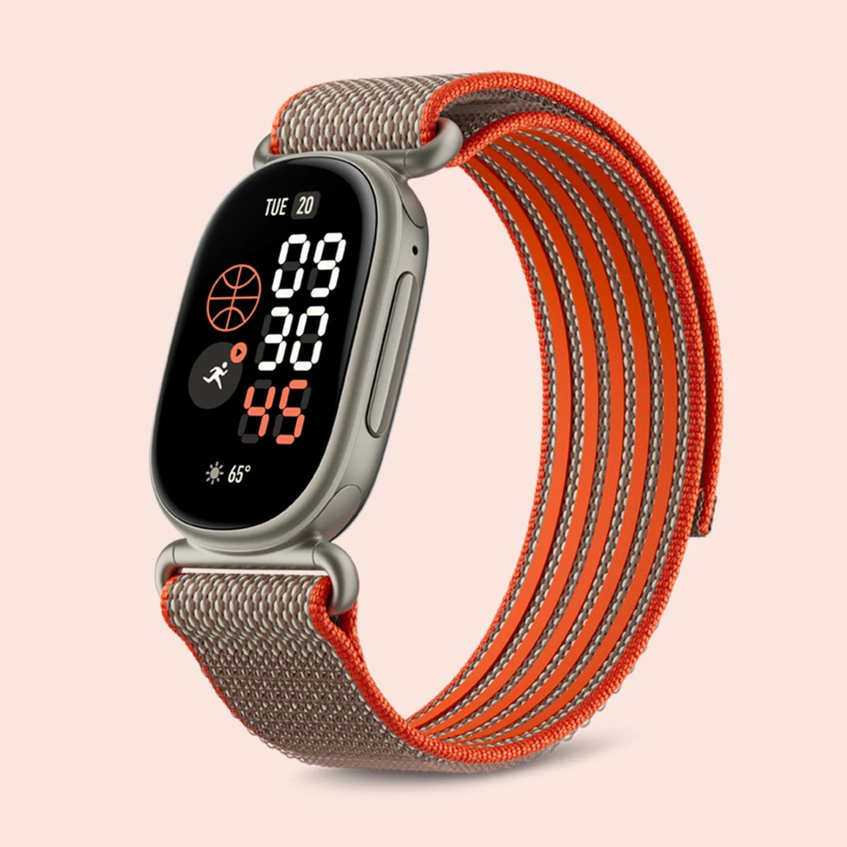 Fitbit Edge band on a wrist showing a workout and heart rate screen