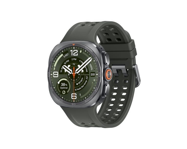 Samsung Galaxy Watch Ultra 2 in titanium gray with a dark green sport band