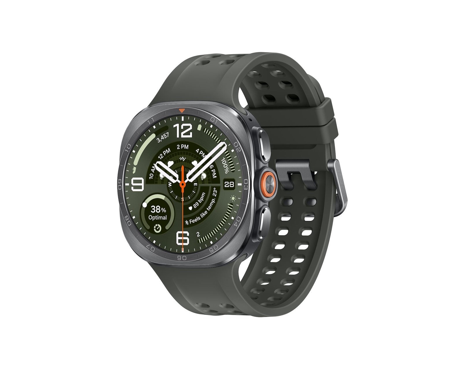 Samsung Galaxy Watch Ultra 2 in titanium gray with a dark green sport band