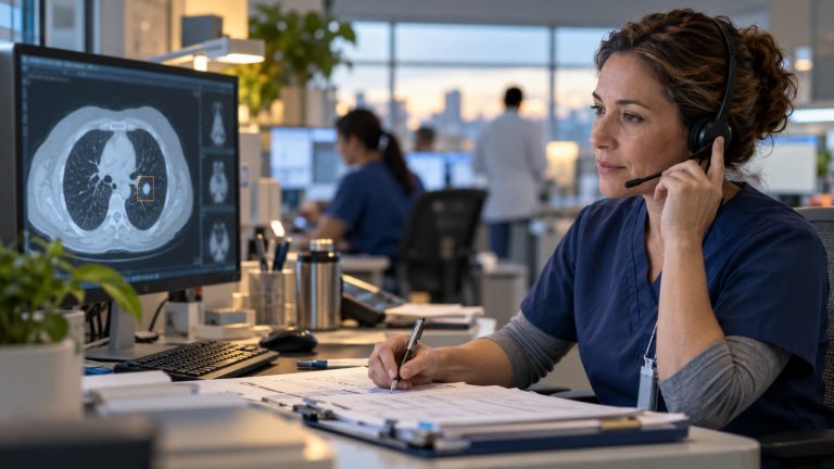 A nurse navigator coordinates follow-up care beside a chest CT scan showing a lung nodule