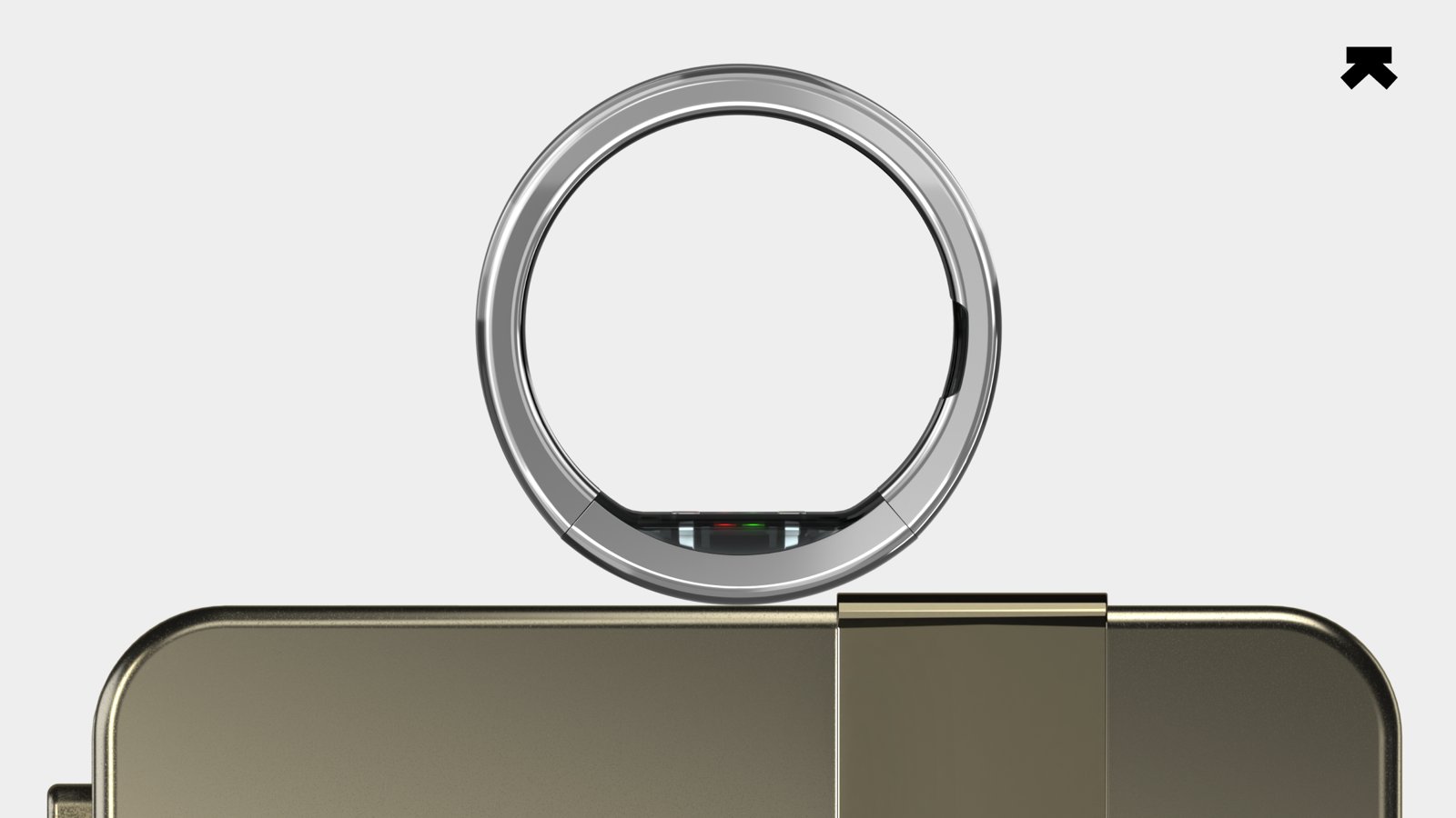 Ultrahuman Ring Pro titanium smart ring resting on its charging case