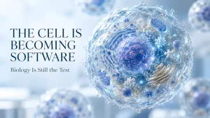 Hyper-realistic human cell with visible organelles and digital modeling overlays in light blue, titled The Cell Is Becoming Software